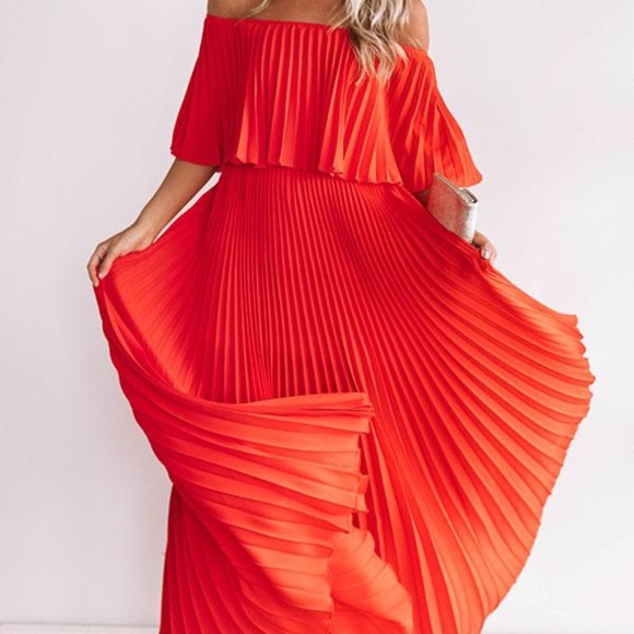 pleated red maxi dress